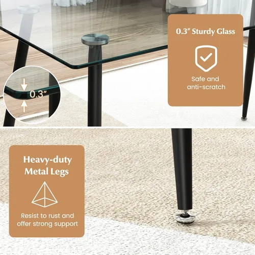 Vista 5 de Tangkula Mesa de comedor de cristal, mesa rectangular moderna con mesa de vidrio templado y patas de acero negro, mesa versátil de cocina simple