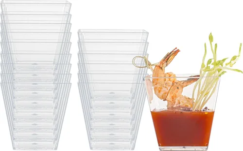 Vista 19 de Restaurantware Mini vaso de postre Kova de 2 onzas, elegantes vasos cuadrados de plástico rosa en polvo: perfecto para servir postres y muestras