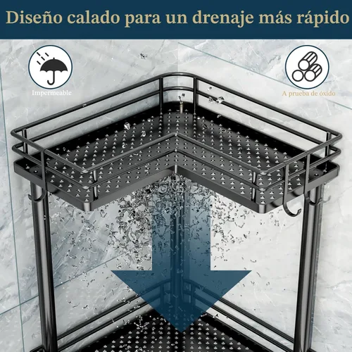 Vista 4 de Consumest Organizador de Ducha de Esquina de Pie - Organizador de Ducha de Acero Inoxidable de 3 Niveles con Portajabón y 4 Ganchos, Estante