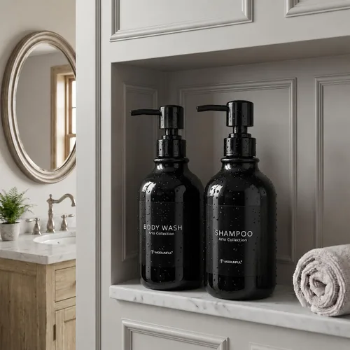 Vista 4 de Refillable Shampoo and Conditioner Bottles Set of 3 Polished Black modunful Glossy Black