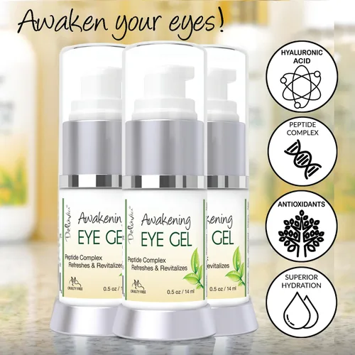 Vista 9 de Deluvia Daily Under Eye Gel - Reduce la apariencia de hinchazón, arrugas, líneas finas, bolsas, piel seca y crepé - Aloe orgánico, vitamina E, ácido