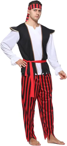 Vista 4 de Wizland Disfraz de pirata para hombres adultos, disfraz de capitán de mar, disfraz de Halloween para hombre, traje de pirata para fiesta