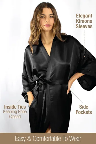 Vista 4 de Tara Sartoria Luxury Artisan Silk Kimono Robe for Women, Short, Washable, XS–4XL, Oprah Daily 2025 Negro