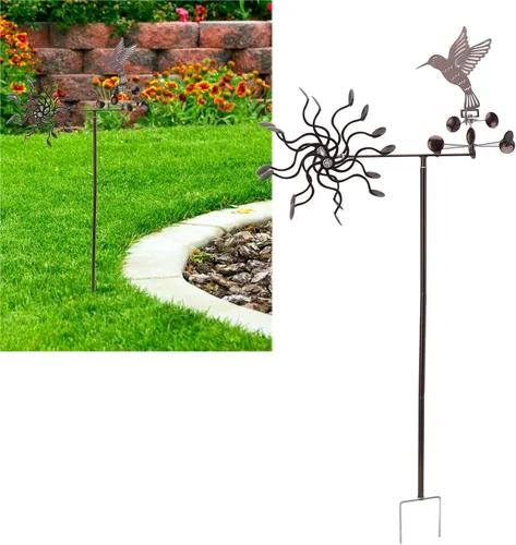 Vista 4 de Haofy Molinillo de viento para exteriores, estacas de metal para patio, molino de viento de metal, colibrí, escultura de viento para césped al aire