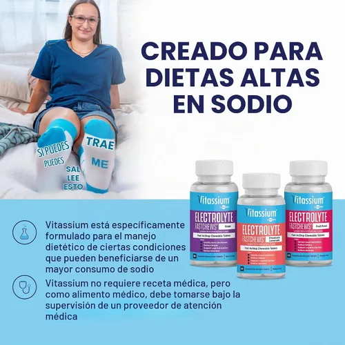 Vista 2 de Vitassium FastChews con electrolitos para reabastecimiento de sodio y potasio, botella de 60 comprimidos FastChews, Fruit Punch