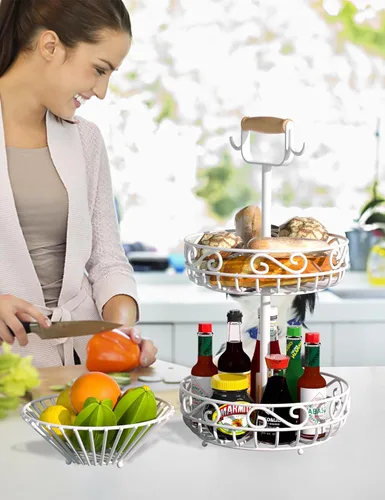 Vista 7 de Plato de 2 niveles y frutero – Almacenamiento de frutas y verduras con colgador de árbol de plátano y mango de madera, cesta de frutas para encimera