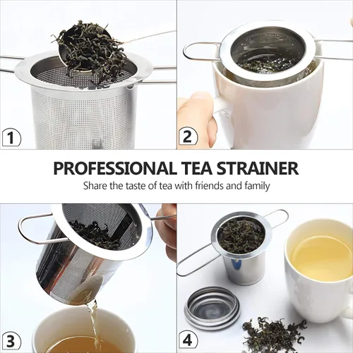 Vista 5 de Infusor de té, filtros de malla fina más empinados de acero inoxidable, colador de té de gran capacidad con mango y tapa plegables, colgar