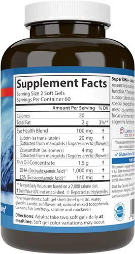 Vista 2 de Carlson Super DHA Plus Luteína, 1000 mg, DHA, 20 mg de luteína, 120 cápsulas blandas Lutemax 2020; capturado salvaje; de origen sostenible
