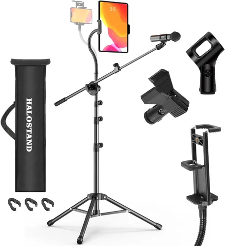 Vista 10 de Soporte de micrófono plegable para el suelo, trípode resistente, brazo con 2 tornillos, 2 clips de micrófono, 2 fundas de espuma y bolsa