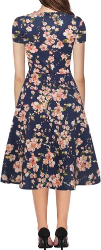 Vista 2 de HELYO - Vestido elegante para mujer, diseño informal acampanado estilo vintage de los años 50, con estampado floral y bolsillos, largo hasta