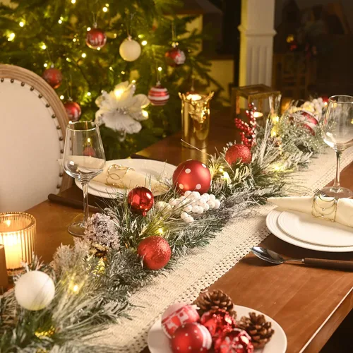 Vista 4 de Valery Madelyn - Guirnalda de Navidad de 1.8 m preiluminada con luces para repisa, guirnalda iluminada de Navidad para exteriores con bolas rojas
