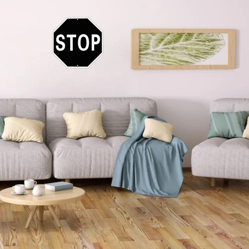 Vista 2 de Decoración clásica de letrero de carretera negro STOP – 12 x 12 pulgadas de aluminio con impresión UV ultra duradera para interiores y exteriores