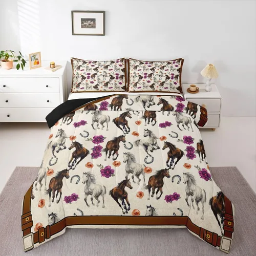 Vista 11 de Juego de edredón de vaquero individual, ropa de cama occidental para niños y hombres, ilustración dibujada a mano de caballo americano salvaje