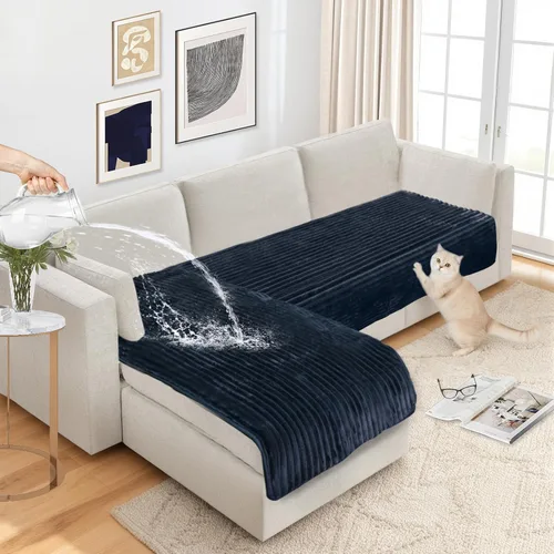 Vista 7 de NAISI Fundas de sofá para perros, funda impermeable de franela a rayas, apta para mascotas, lavable, protector antideslizante para sofá seccional