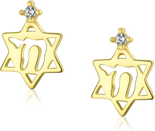 Vista 2 de Tiny Petite Judaic Jewelry CZ Accent Real 14K Yellow Gold Hamsa Hebrew Chai Life Star Of David Jewish Judaic Stud Earrings For Women Teen For Bat