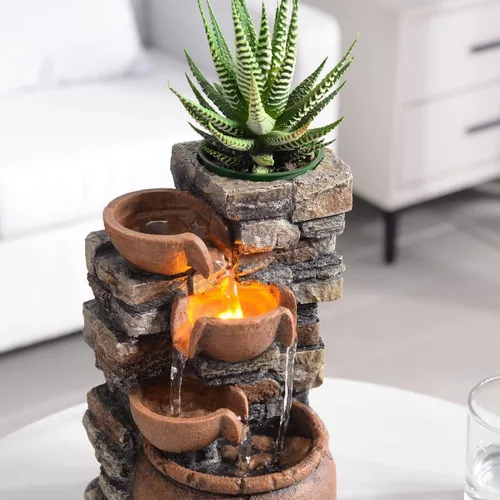 Vista 2 de Fuente interior de 4 tazones Rockery con sonido calmante para decoración del hogar y la oficina con una pequeña maceta de plástico para cultivar