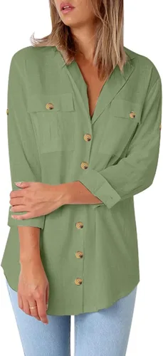 Vista 3 de Vetinee Blusa casual con botones para mujer, manga con puños, holgada, camiseta