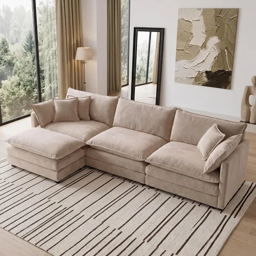 Vista 20 de Sofá individual modular de chenilla con otomana, sofá nube con almohada, color beige