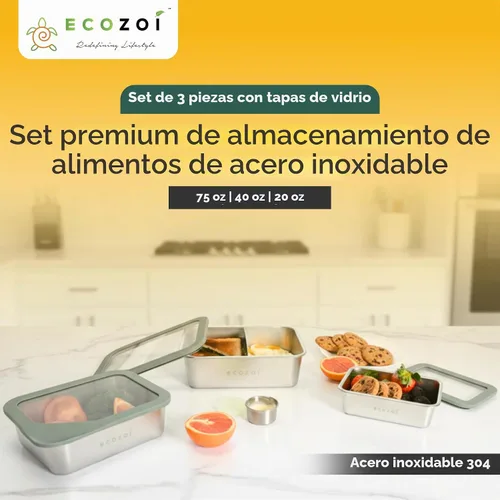 Vista 3 de ecozoi Lonchera de acero inoxidable, juego de 3 piezas con tapas de vidrio, recipientes de preparación de comidas aptos para lavavajillas, 75 onzas