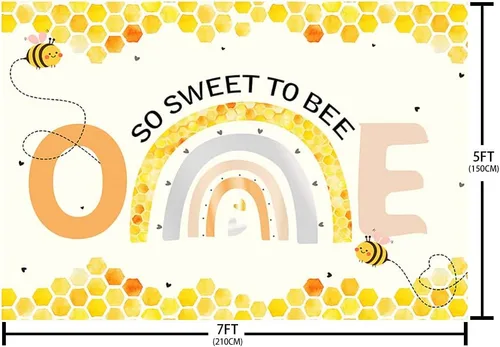 Vista 5 de AIBIIN Telón de fondo de 7 x 5 pies para niña, decoración de fiesta de primer cumpleaños de abeja, fondo de fotografía, fondo bohemio, arco iris
