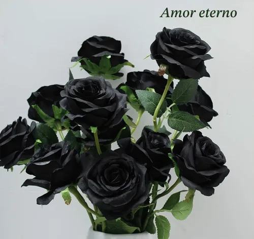 Vista 5 de Laelfe 12 PCS Flores Artificiales Rosas Negras, Flores de Seda Falsas de Tallo Largo Rosa Artificial para Decoraciones de Halloween Hogar Boda Negro