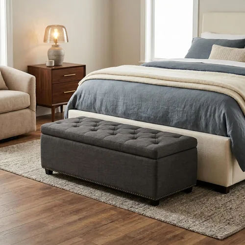 Vista 2 de Otomano rectangular de almacenamiento Simpli Home Hamilton, Madera, Gris pizarra Pizarra gris