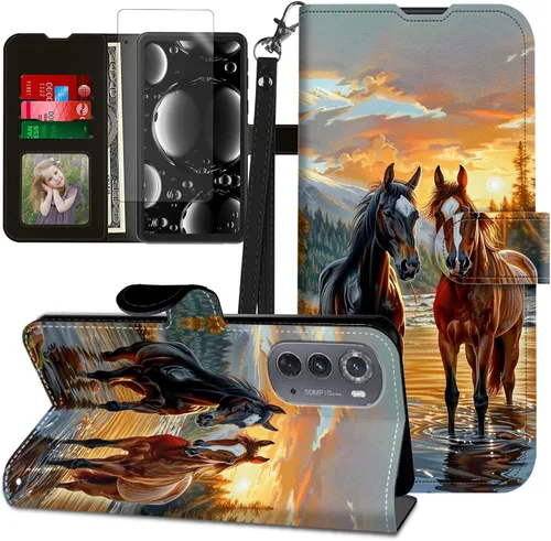 Vista 315 de Funda para Motorola Edge 2022 con protector de pantalla, soporte y tarjetero y correa para la muñeca, funda magnética para Moto Edge 2022 5G UW Lobo