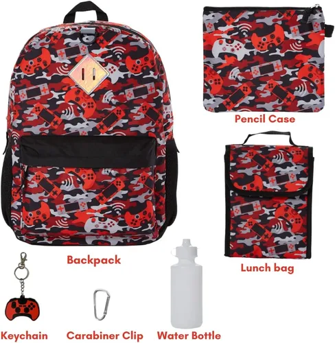 Vista 2 de RALME Juego de mochila para niños, 16 pulgadas, 6 piezas, incluye bolsa de almuerzo plegable, botella de agua, llavero y estuche para lápices, Camo