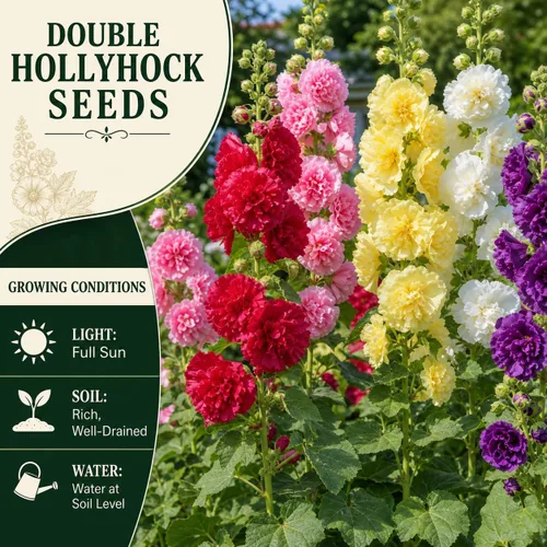 Vista 4 de 100 semillas dobles de Hollyhock – Flores perennes de reliquia multicolor, ideales para bordes y jardines de cabaña