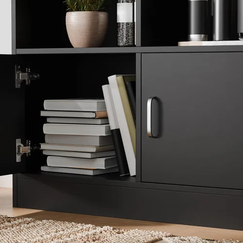 Vista 5 de Cozy Castle Estantería negra de 70 pulgadas de alto con 12 cubos y 2 puertas, estantería abierta de 4 niveles con gabinete, organizador