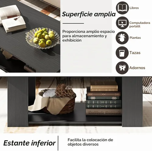 Vista 6 de Tangkula Mesa auxiliar de 2 niveles, moderna mesa de cóctel rectangular con 5 patas de soporte, muebles de sala de estar con acento de madera, mesa