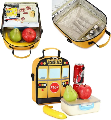 Vista 4 de Mochila para niños pequeños, preescolar, autobús, bolsa de libros 3D para jardín de infantes con lonchera aislante