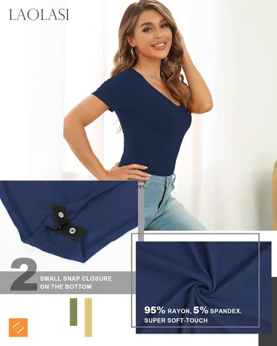 Vista 26 de LAOLASI Body con cuello en V para mujer, ajustado, casual, extensor