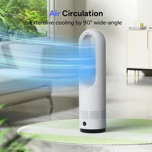 Vista 2 de Ventilador sin aspas, ventilador de torre de enfriamiento de 22 pulgadas con oscilación de 80° y control remoto, temporizador de 9H, 8 velocidades