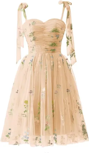 Vista 18 de Fivsole Vestido corto con bordado de flores para adolescentes, vestido de tul con tirantes delgados, mini formal, cóctel, fiesta de noche, vestidos