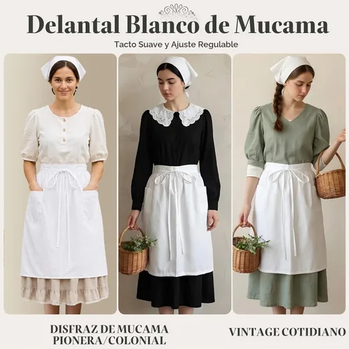 Vista 5 de White Maid Half Apron for Women with Pocket, Vintage Ruffled Apron Blanco