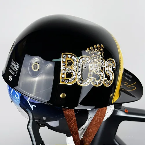 Vista 14 de Casco de motocicleta de cara abierta vintage, gorra de béisbol retro, aprobada por DOT, para hombres y mujeres y adultos, media carcasa con visera