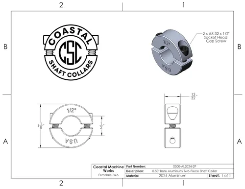 Vista 3 de Diámetro de orificio de 0.50 pulgadas - Abrazadera del collar de eje de dos piezas - Aluminio 2024 (paquete de 1)