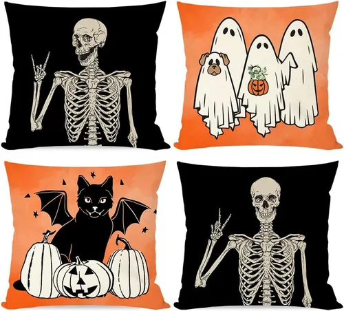Vista 8 de PANDICORN Juego de 4 fundas de almohada de Halloween de 16 x 16 pulgadas, diseño de esqueleto de gato negro, perro, fantasma, calabaza, decoración