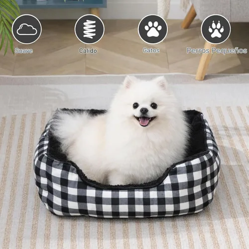 Vista 5 de Hollypet Cama Rectangular de Felpa para Perros y Gatos Autocalentable, Negra con Cuadros A cuandros negros