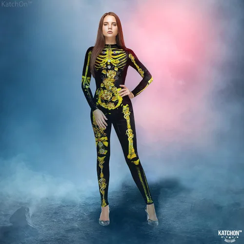 Vista 6 de KatchOn, Gold Halloween Skeleton Costume Women - Skeleton Bodysuit Halloween Floral Gold Sexy Skeleton Costumes For Women