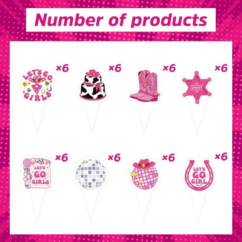 Vista 2 de Decoración para tartas de cumpleaños de vaquera disco – NOVBAUB 48 piezas de decoración de fiesta de cumpleaños de vaquera rosa intenso, suministros