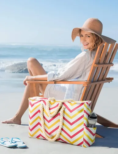 Vista 6 de Allinside Bolsa de playa a rayas onduladas para mujer, bolsa de playa extra grande, impermeable, bolsa de fin de semana para gimnasio, playa