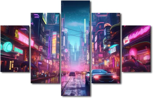 Vista 62 de Póster de 5 paneles en lienzo para decoración de pared, diseño de centro urbano Cyberpunk, impresión moderna, decoración de pared para el hogar