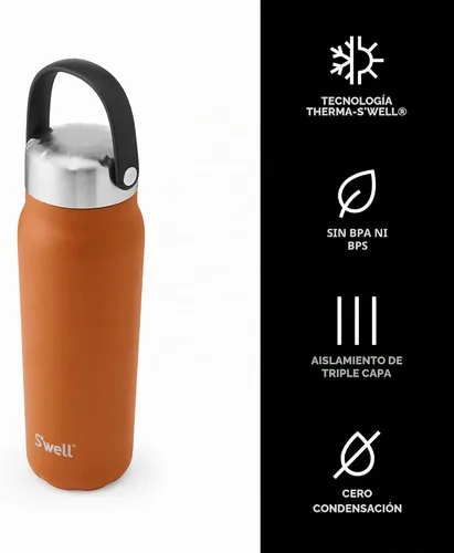 Vista 3 de S'well Explorer de acero inoxidable reciclado con tapa y asa aisladas, 24 onzas, cornalina, recipientes aislados al vacío de triple capa que