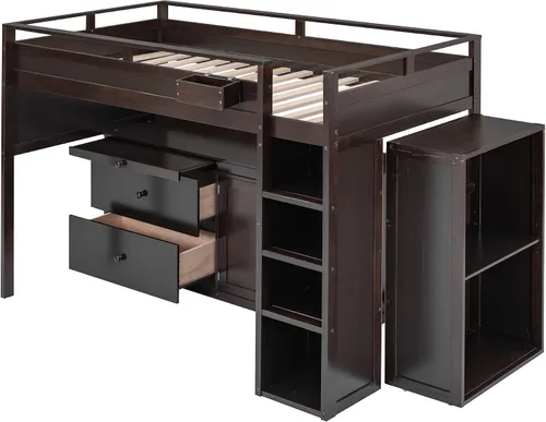 Vista 9 de RUNNA Cama tipo loft moderna de madera con armario y escritorio Cama loft espresso+Gabinete +Escritorio