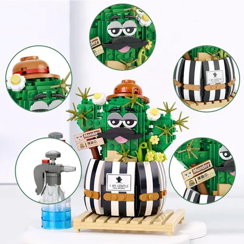 Vista 3 de MEIEST Juego de bloques de construcción de bonsái de cactus bulbosos, decoración creativa única para el hogar, ramo de flores artificiales