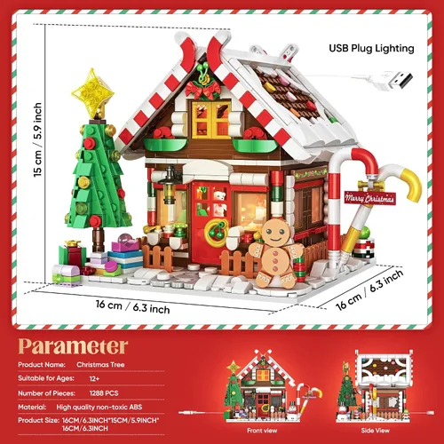 Vista 5 de Edificio de casa de pan de jengibre de Navidad, juego de construcción de casa de pueblo navideño, contiene árbol de Navidad y tren, juguete