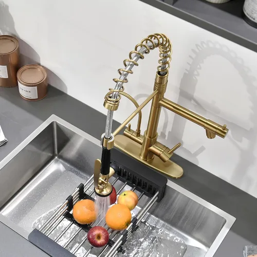Vista 7 de Fapully Grifo de cocina comercial de oro cepillado con rociador desplegable