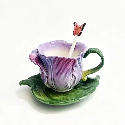 Vista 10 de Juego de taza de té y platillo de cerámica, taza de café de flores pintadas a mano en 3D de 6 onzas, regalo para mujeres, tulipán naranja